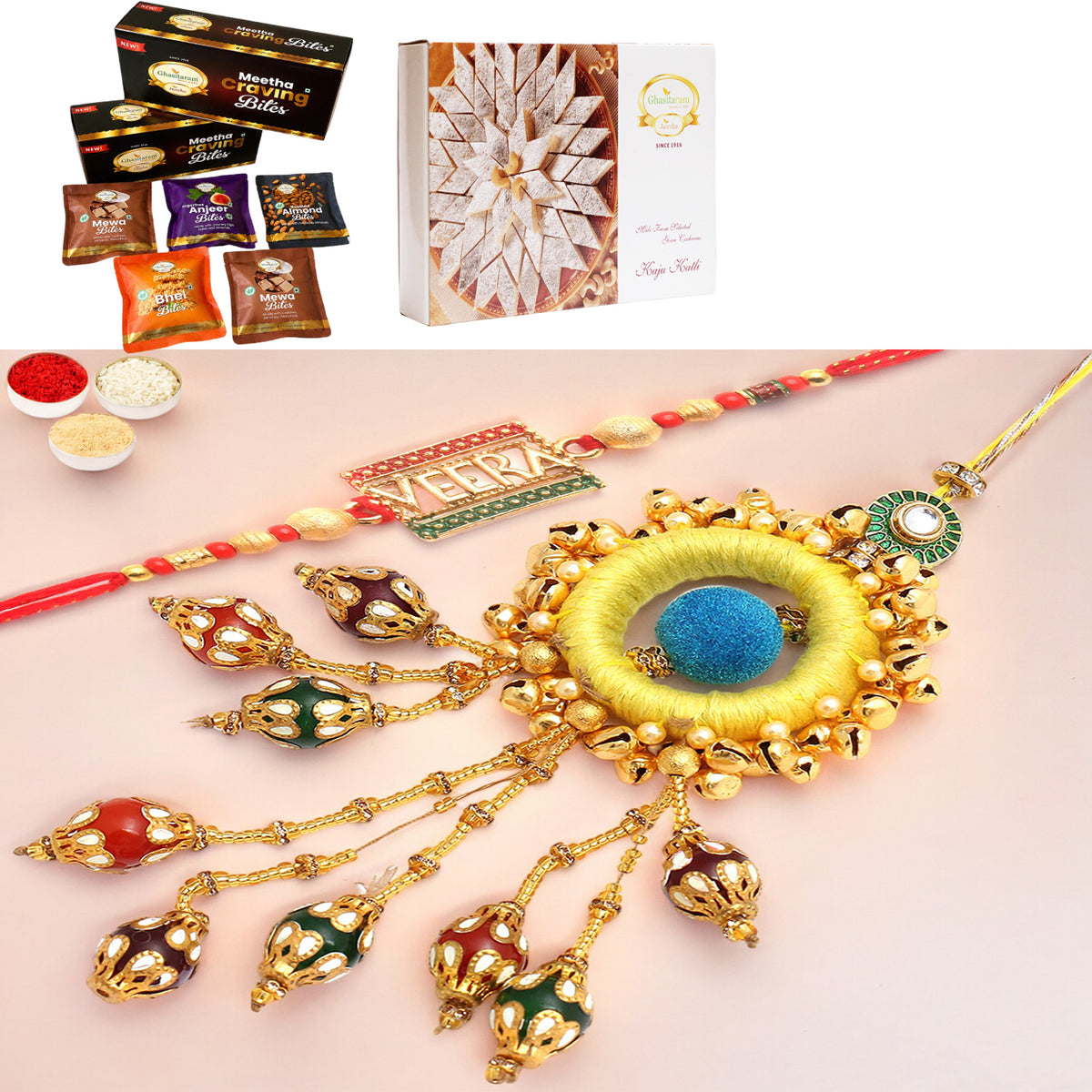  Mere Pyaare Veera rm 072 Bhaiya Bhabhi rakhi with Asorted bites box and 200 gms of Kaju katli