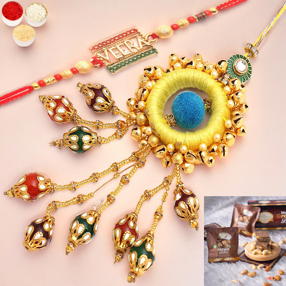 Rakhis Online Australia-  Mere Pyaare Veera rm 072 Bhaiya Bhabhi rakhi with  Mewa Bites box