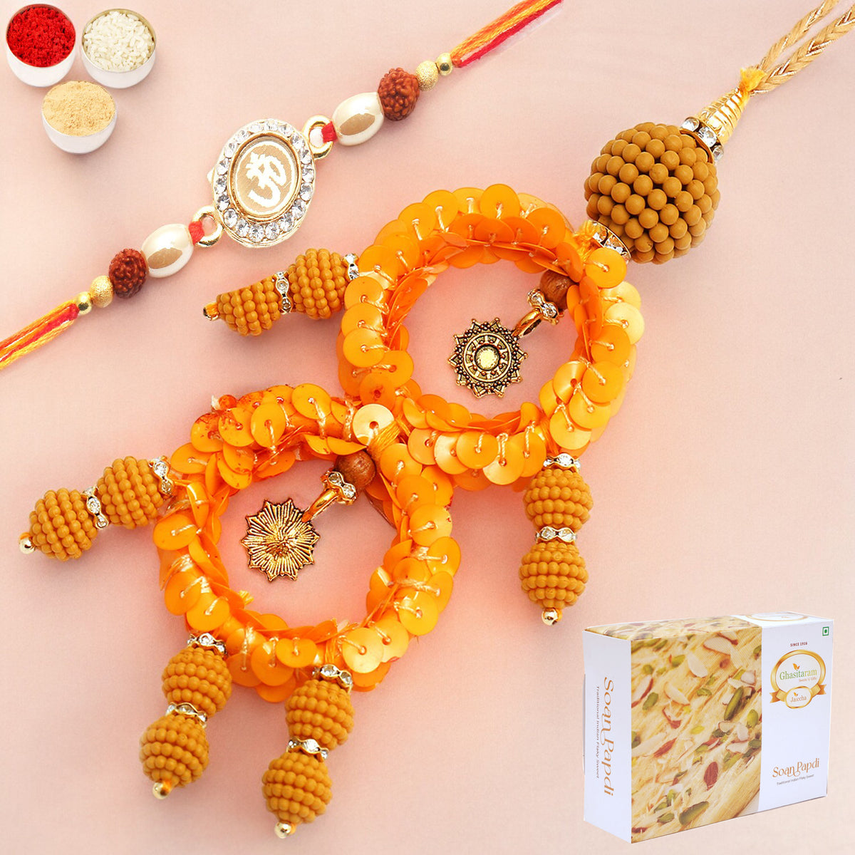 Rakhis Online- Sisters Blessings rm073 Bhaiya Bhabhi rakhi with 400 gms of Soan Papdi