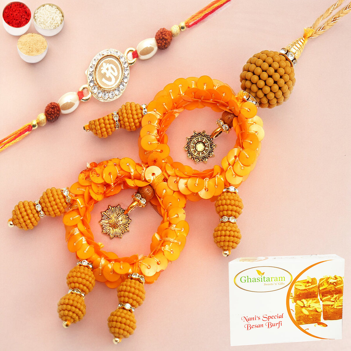 Rakhis Online- Sisters Blessings rm073 Bhaiya Bhabhi rakhi with 400 gms of Besan Barfi