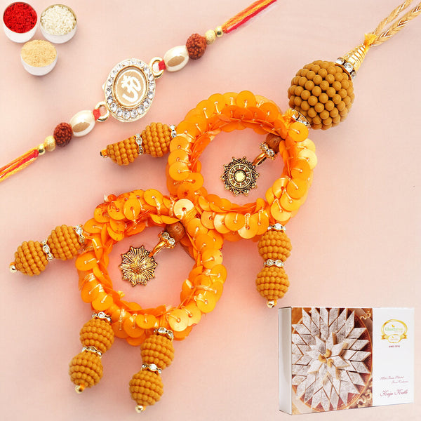 Rakhis Online Australia-Sisters Blessings rm073 Bhaiya Bhabhi rakhi with 200 gms of Kaju katli
