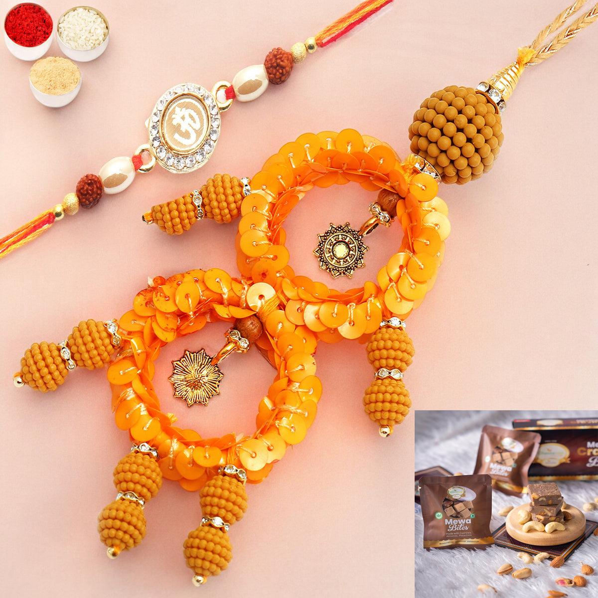 Rakhis Online USA-  Sisters Blessings rm073 Bhaiya Bhabhi rakhi with  Mewa Bites box