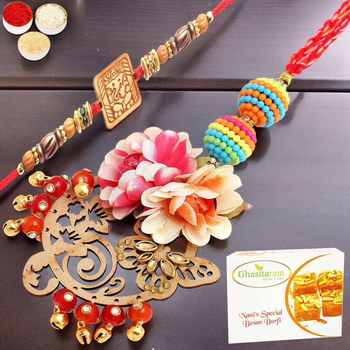 Rakhis Online USA-  The Charasmatic rm079Bhaiya Bhabhi rakhi with 200 gms Besan Barfi