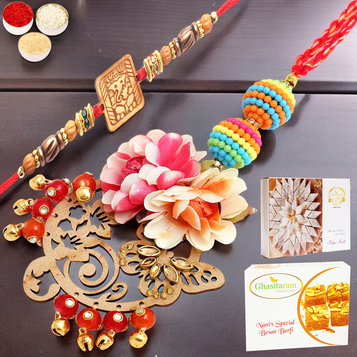 The Charasmatic rm079Bhaiya Bhabhi rakhi with 200 gms of Besan Barfi and 200 gms of Kaju Katli