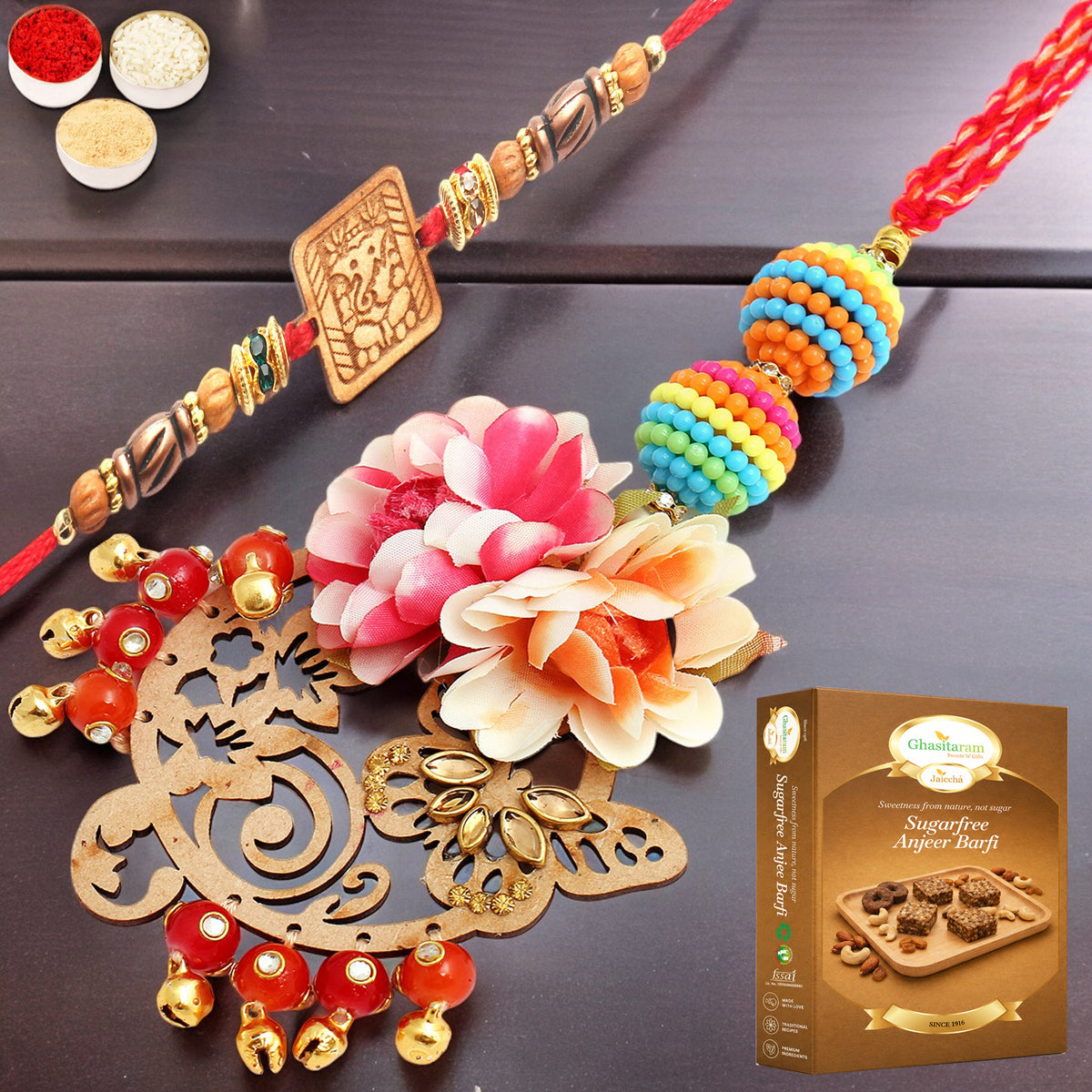  The Charasmatic rm079Bhaiya Bhabhi rakhi with 200 gms of Sugarfree Anjeer Barfi