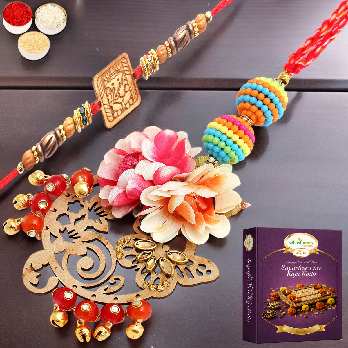  The Charasmatic rm079Bhaiya Bhabhi rakhi with 200 gms of Sugarfree Kaju katli
