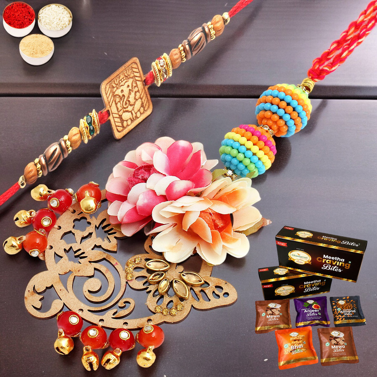 The Charasmatic rm079Bhaiya Bhabhi rakhi with Asorted bites box