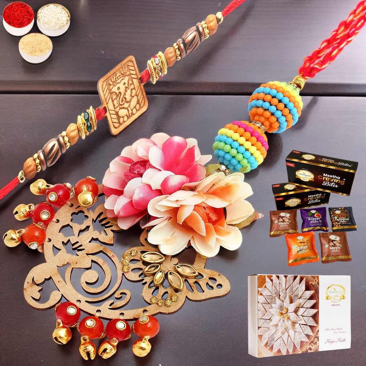  The Charasmatic rm079Bhaiya Bhabhi rakhi with Asorted bites box and 200 gms of Kaju katli
