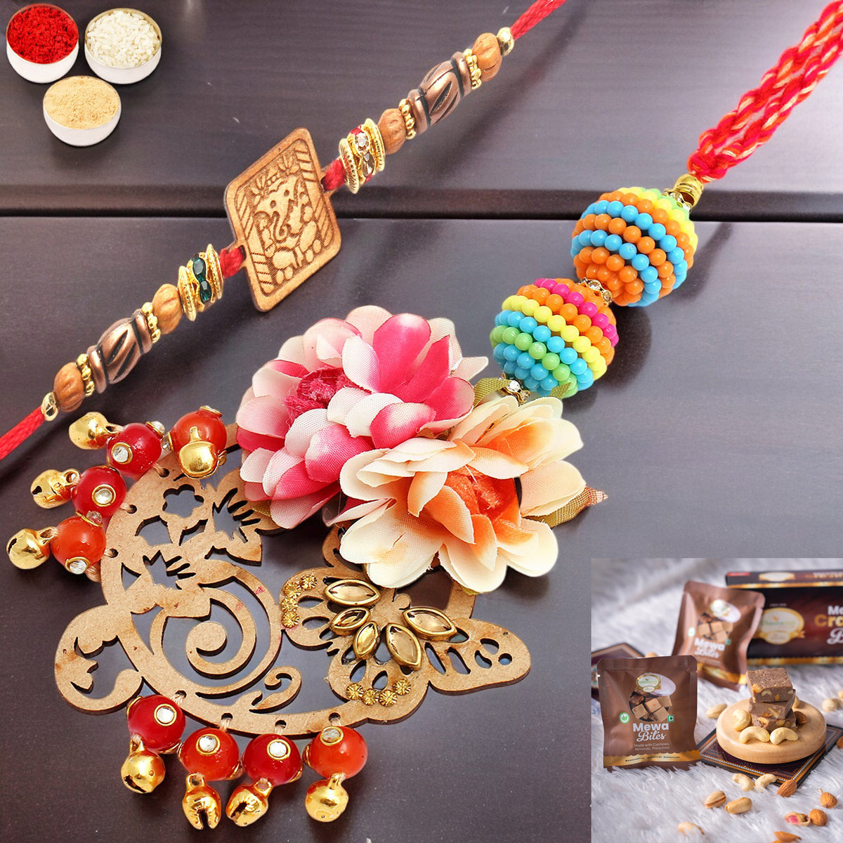 Rakhis Online USA-  The Charasmatic rm079Bhaiya Bhabhi rakhi with  Mewa Bites box