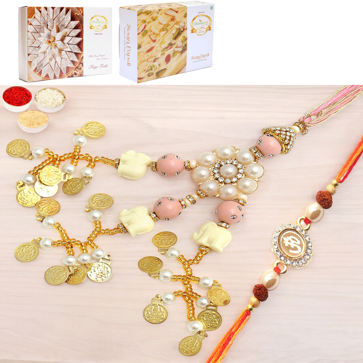 Dazzling Bond rm080 Bhaiya Bhabhi Rakhi with 200 gms of Kaju katli and 200 gms of Soan Papdi
