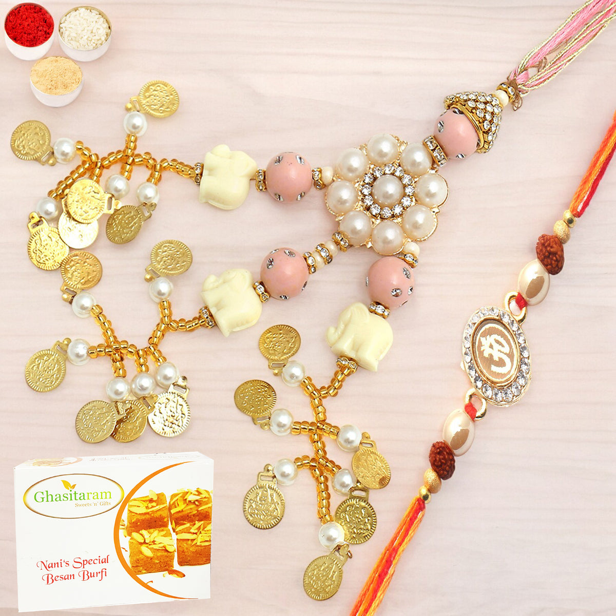 Rakhis Online Australia-  Dazzling Bond rm080 Bhaiya Bhabhi Rakhi with 200 gms Besan Barfi