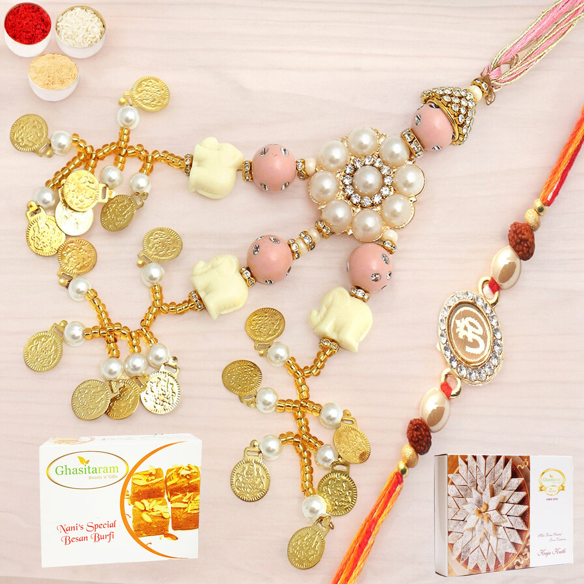 Dazzling Bond rm080 Bhaiya Bhabhi Rakhi with 200 gms of Besan Barfi and 200 gms of Kaju Katli