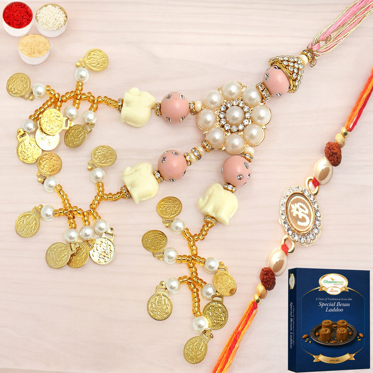  Dazzling Bond rm080 Bhaiya Bhabhi Rakhi  with 200 gms of Besan Laddoo