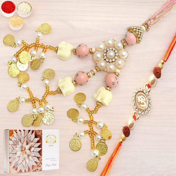 Rakhis Online USA-Dazzling Bond rm080 Bhaiya Bhabhi Rakhi with 200 gms of Kaju katli