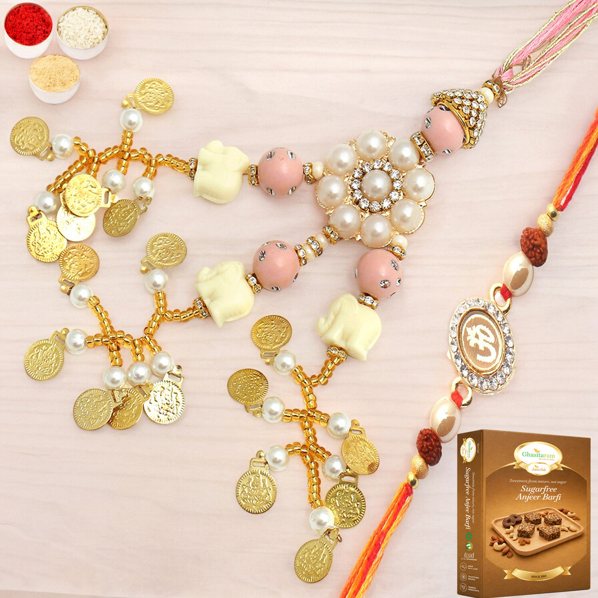  Dazzling Bond rm080 Bhaiya Bhabhi Rakhi  with 200 gms of Sugarfree Anjeer Barfi