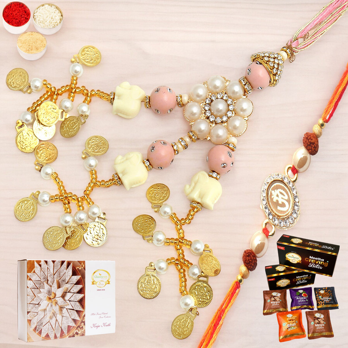  Dazzling Bond rm080 Bhaiya Bhabhi Rakhi with Asorted bites box and 200 gms of Kaju katli