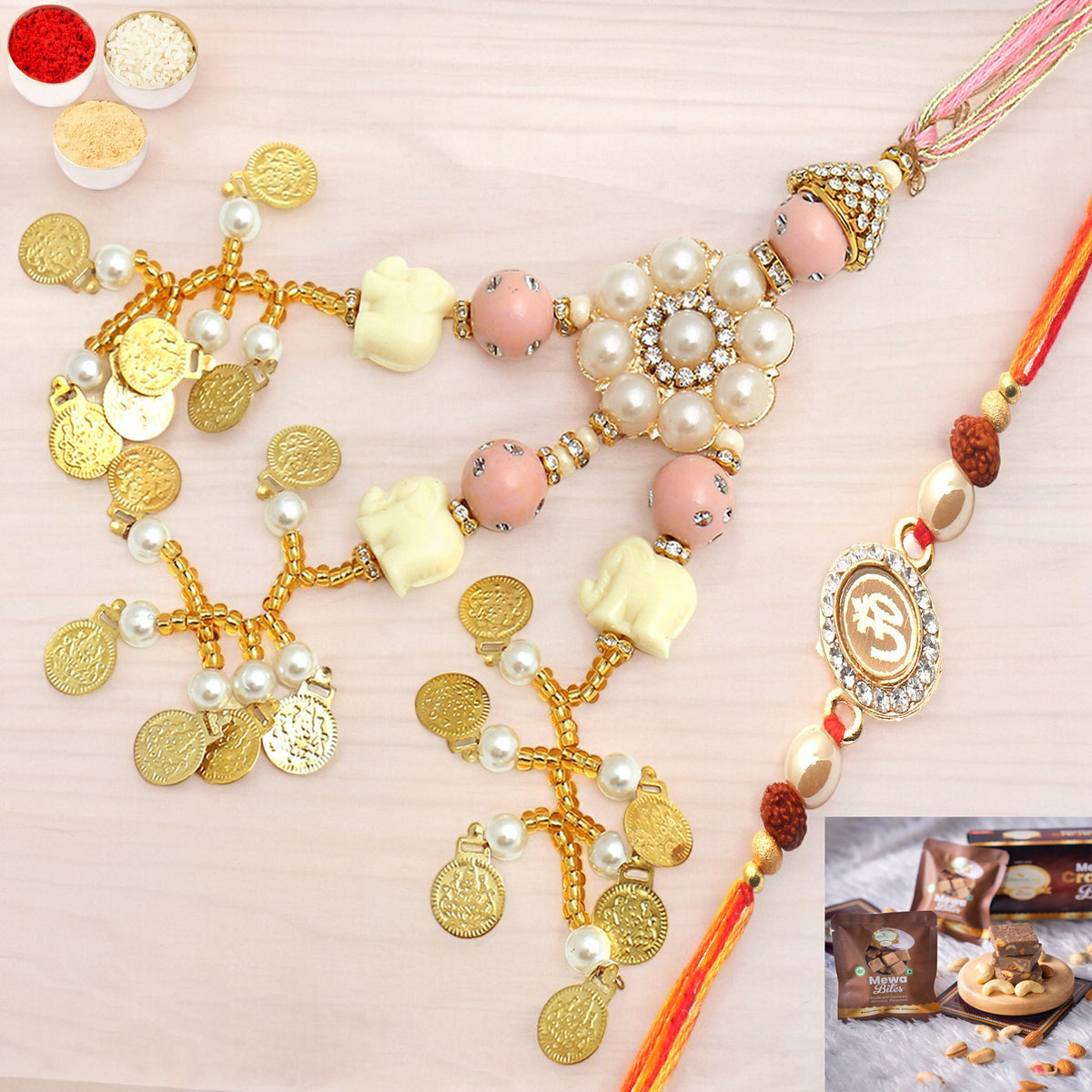 Rakhis Online UK- Dazzling Bond rm080 Bhaiya Bhabhi Rakhi with  Mewa Bites box