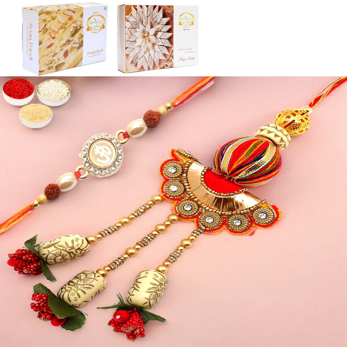 Rakhis Online- We are one rm088 Bhaiya Bhabhi Rakhi with 200 gms of Kaju katli and 200 gms of Soan Papdi