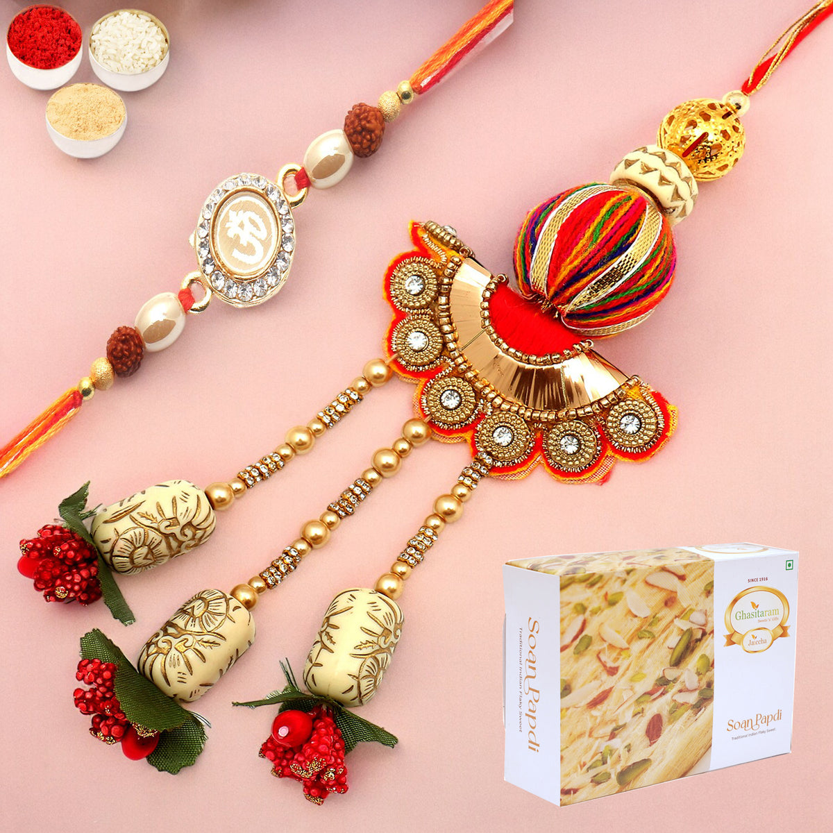 Rakhis Online USA-  We are one rm088 Bhaiya Bhabhi Rakhi with 200 gms Soan Papdi