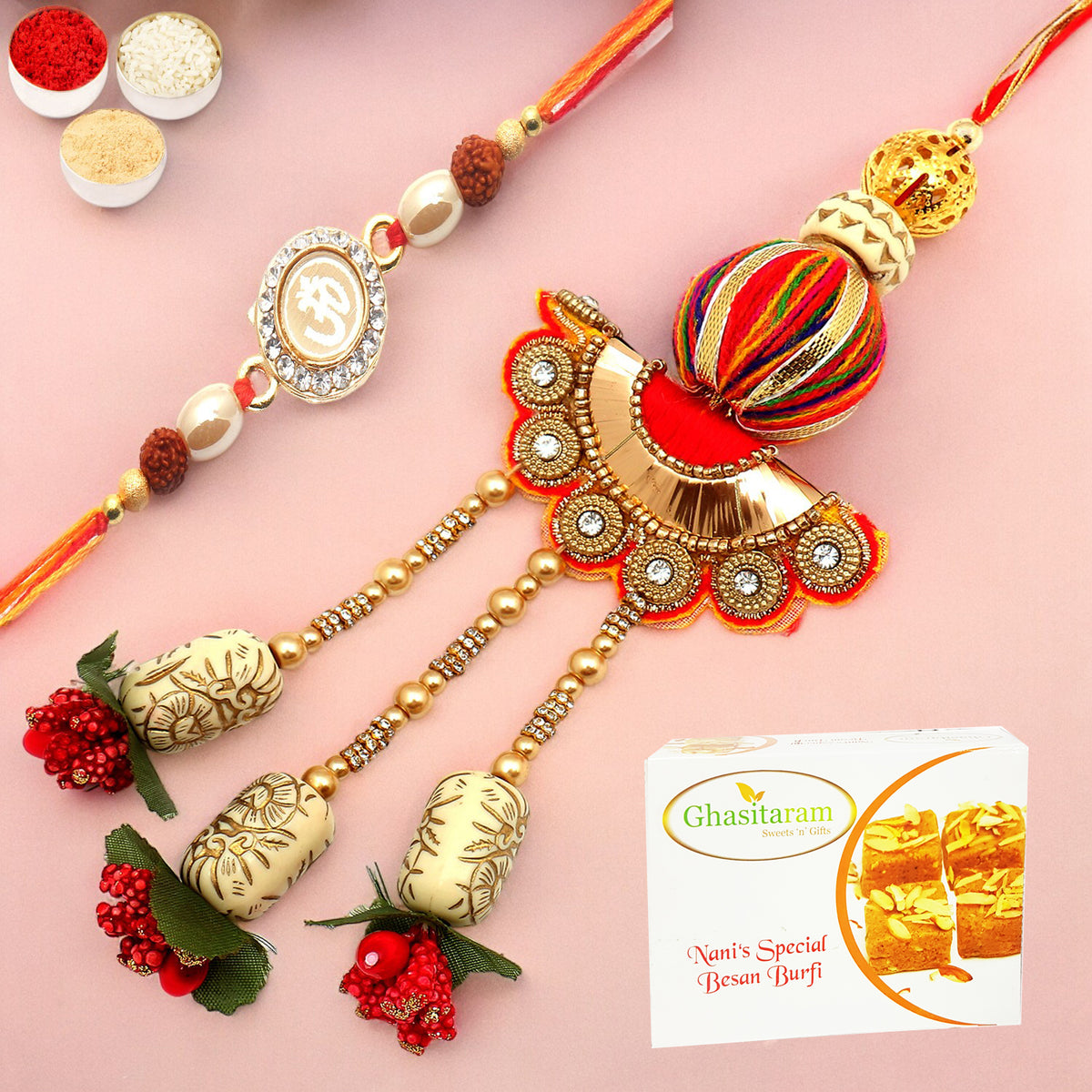 Rakhis Online USA-  We are one rm088 Bhaiya Bhabhi Rakhi with 200 gms Besan Barfi