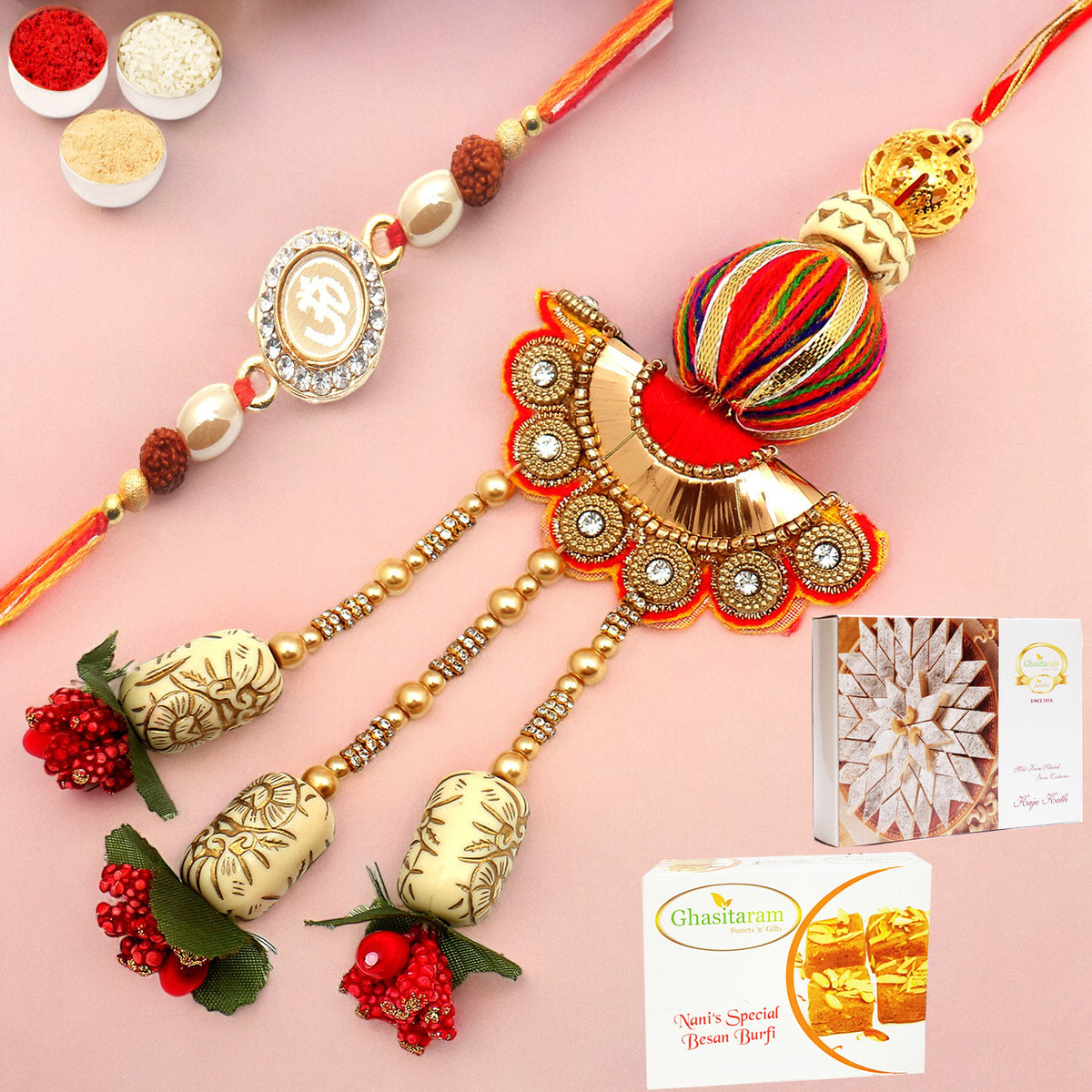 Rakhis Online- We are one rm088 Bhaiya Bhabhi Rakhi with 200 gms of Besan Barfi and 200 gms of Kaju Katli