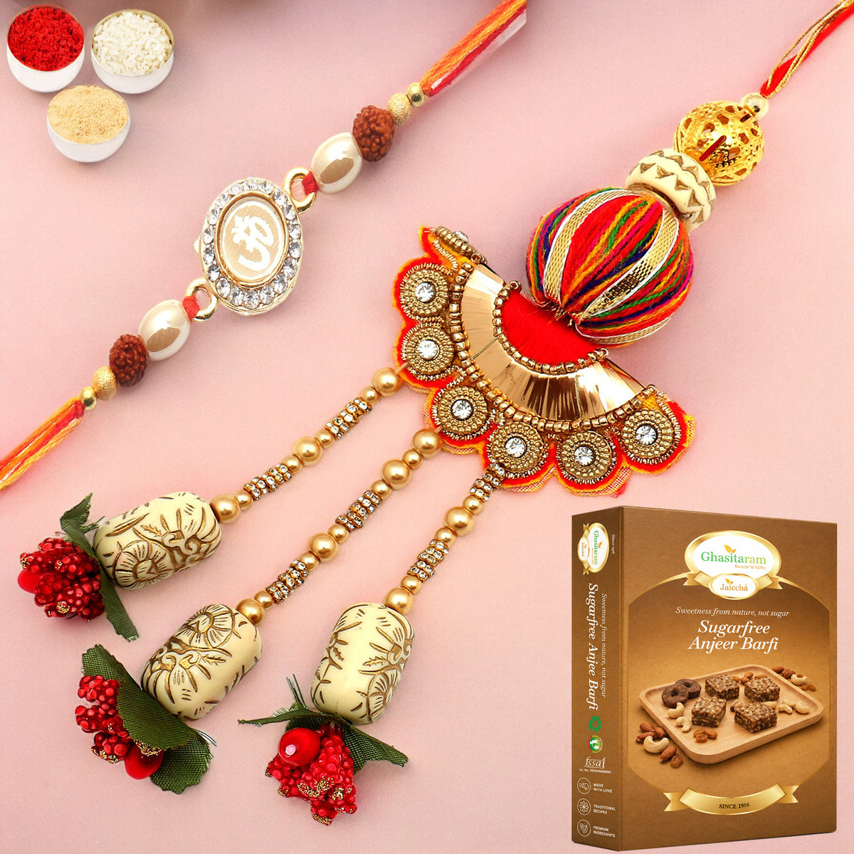  We are one rm088 Bhaiya Bhabhi Rakhi with 200 gms of Sugarfree Anjeer Barfi