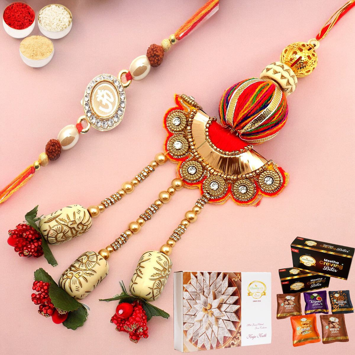  We are one rm088 Bhaiya Bhabhi Rakhi with Asorted bites box and 200 gms of Kaju katli