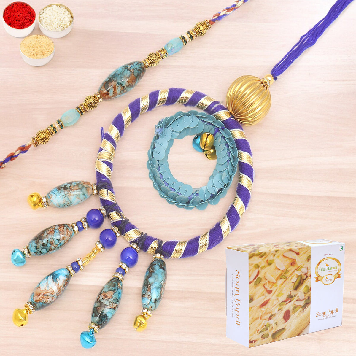 Rakhis Online Australia-  The Ever Lasting Bond rm100 Bhaiya Bhabhi Rakhi with 200 gms Soan Papdi