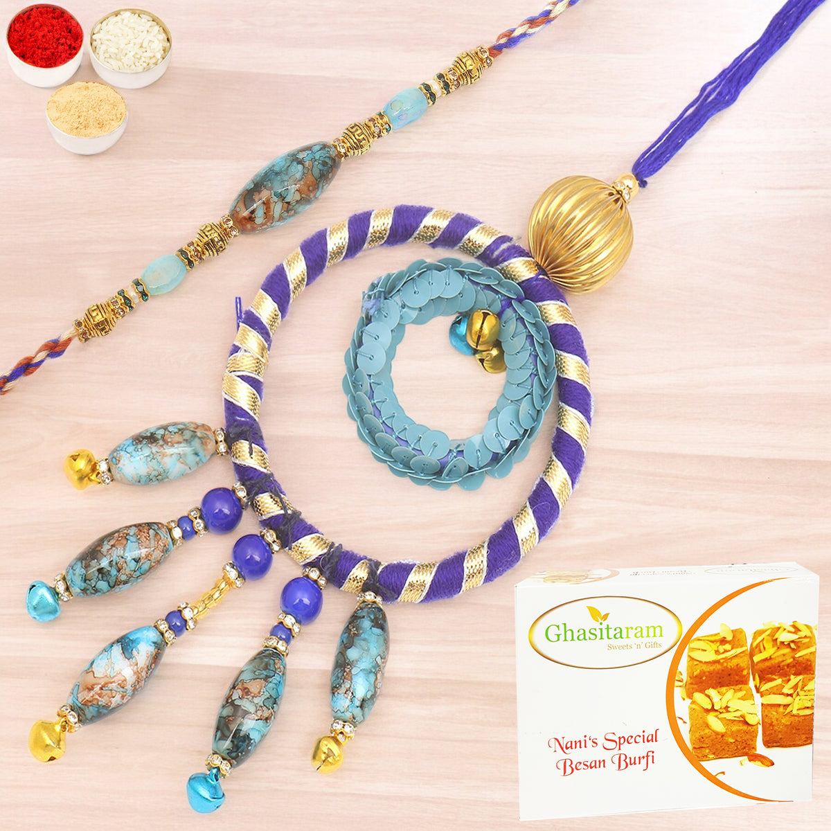 Rakhis Online USA-  The Ever Lasting Bond rm100 Bhaiya Bhabhi Rakhi with 200 gms Besan Barfi