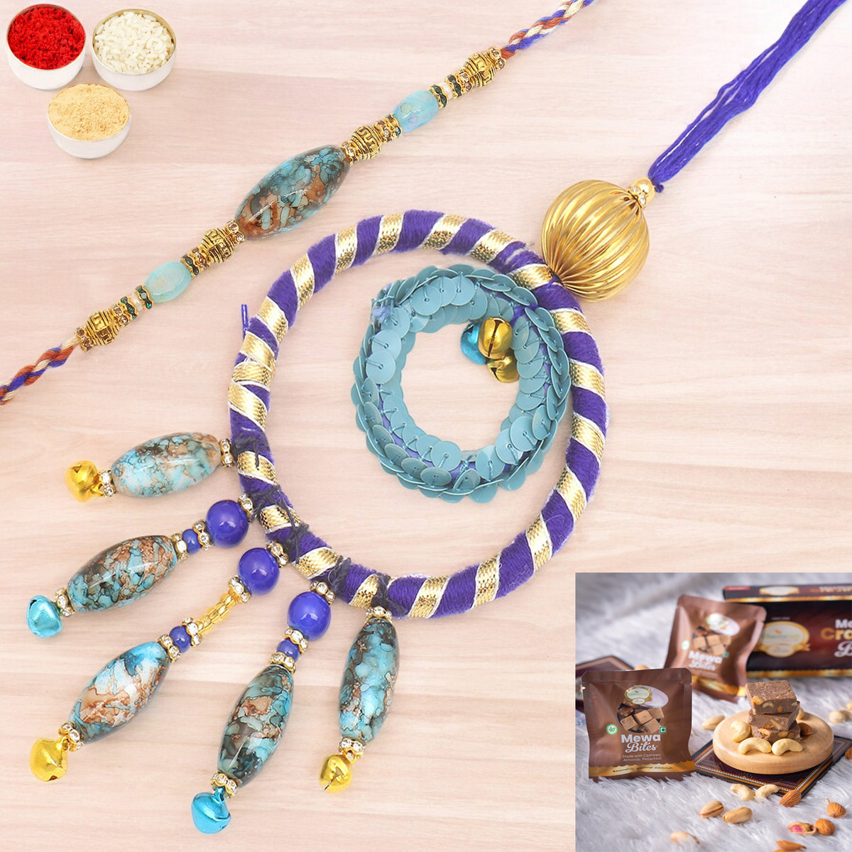 Rakhis Online USA-  The Ever Lasting Bond rm100 Bhaiya Bhabhi Rakhi with  Mewa Bites box