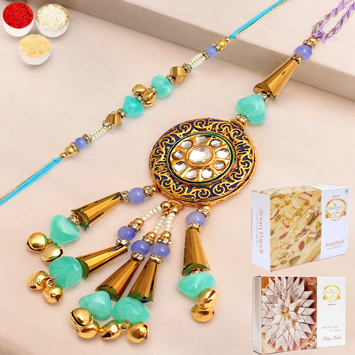 The Last Mundra rm106 Bhaiya Bhabhi Rakhi with 200 gms of Kaju katli and 200 gms of Soan Papdi