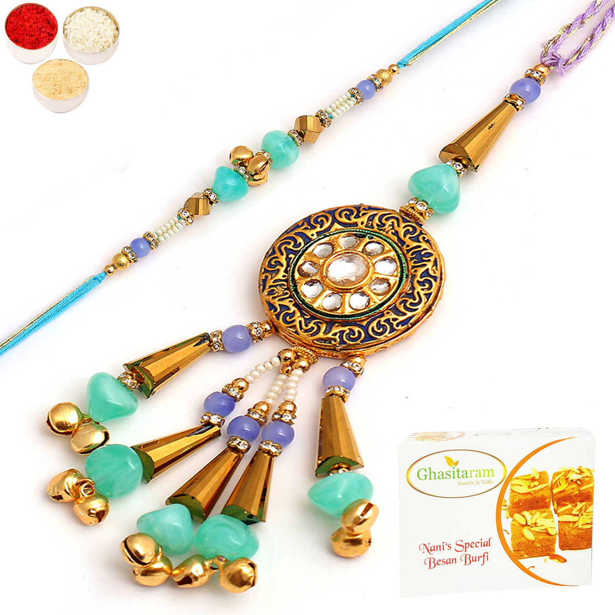Rakhis Online Australia-  The Last Mundra rm106 Bhaiya Bhabhi Rakhi with 200 gms Besan Barfi