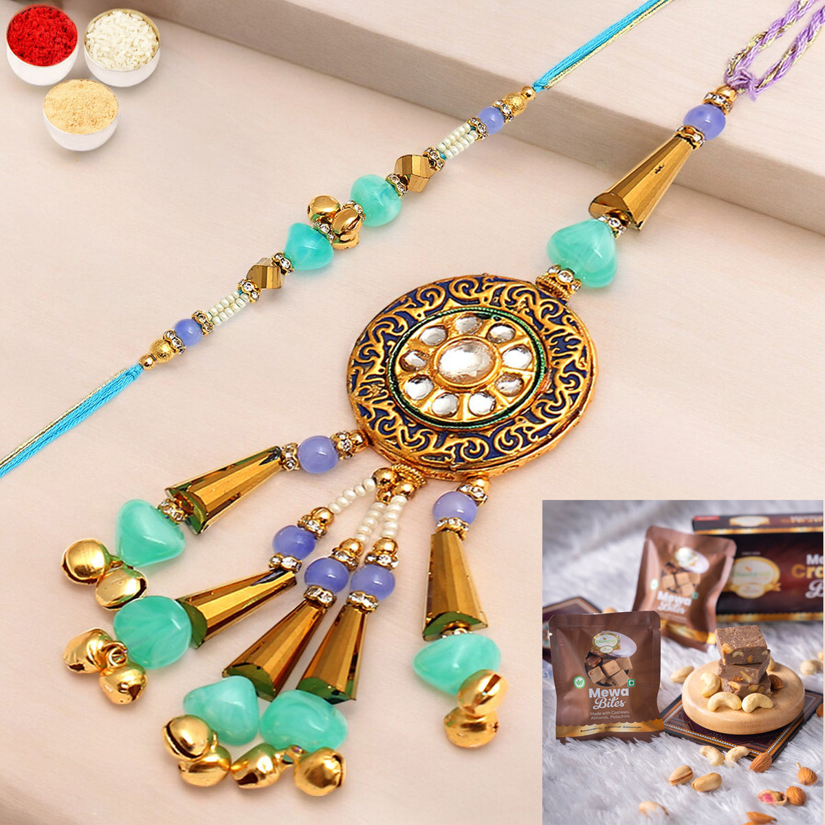 Rakhis Online UK- The Last Mundra rm106 Bhaiya Bhabhi Rakhi with  Mewa Bites box