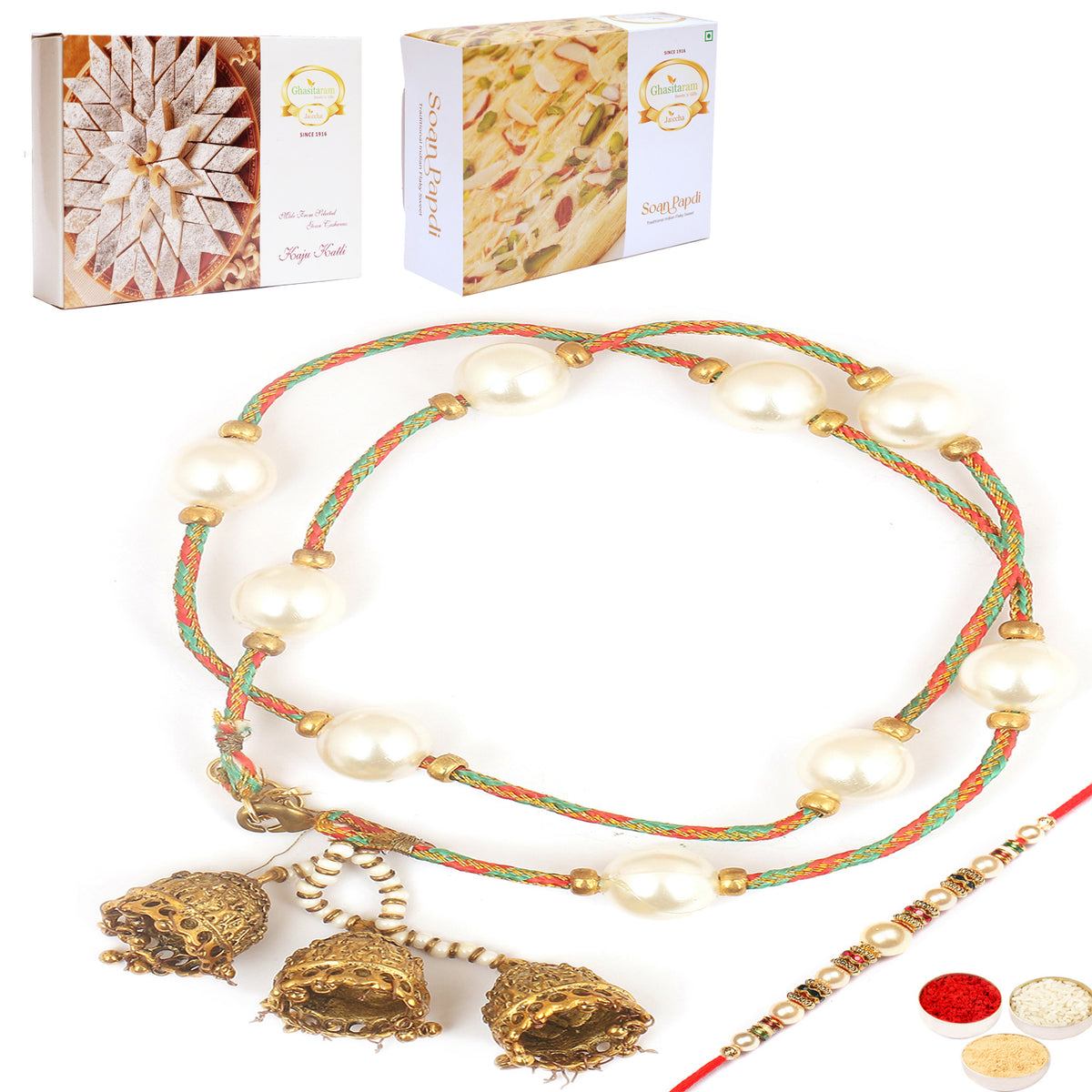 Pure as Pearls rm112 Bhaiya Bhabhi rakhi with 200 gms of Kaju katli and 200 gms of Soan Papdi