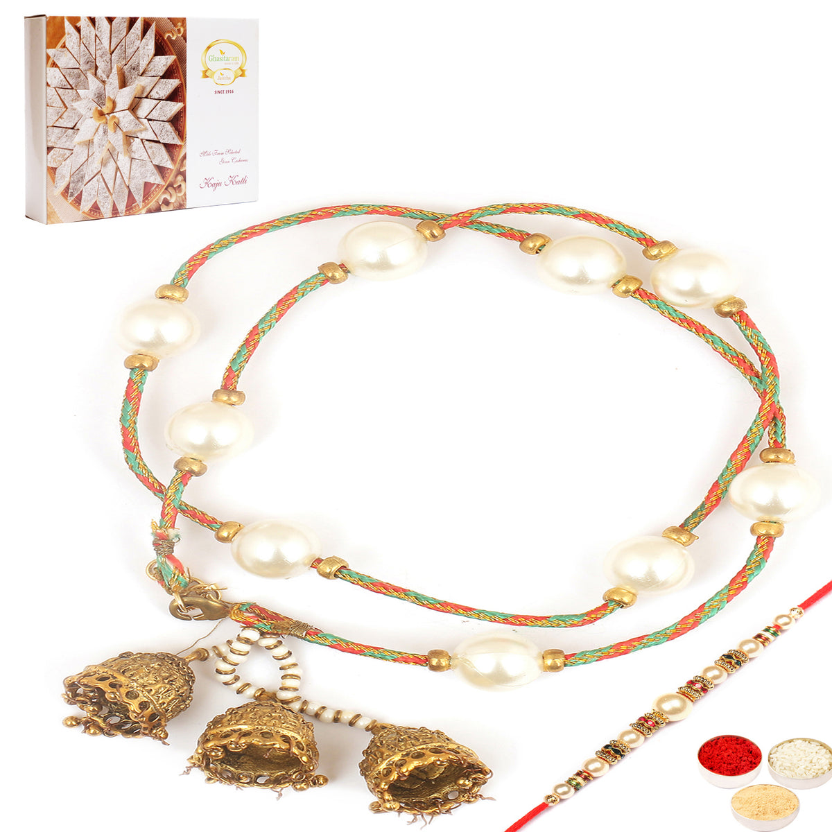 Rakhis Online UK- Pure as Pearls rm112 Bhaiya Bhabhi rakhi with 200 gms of Kaju katli