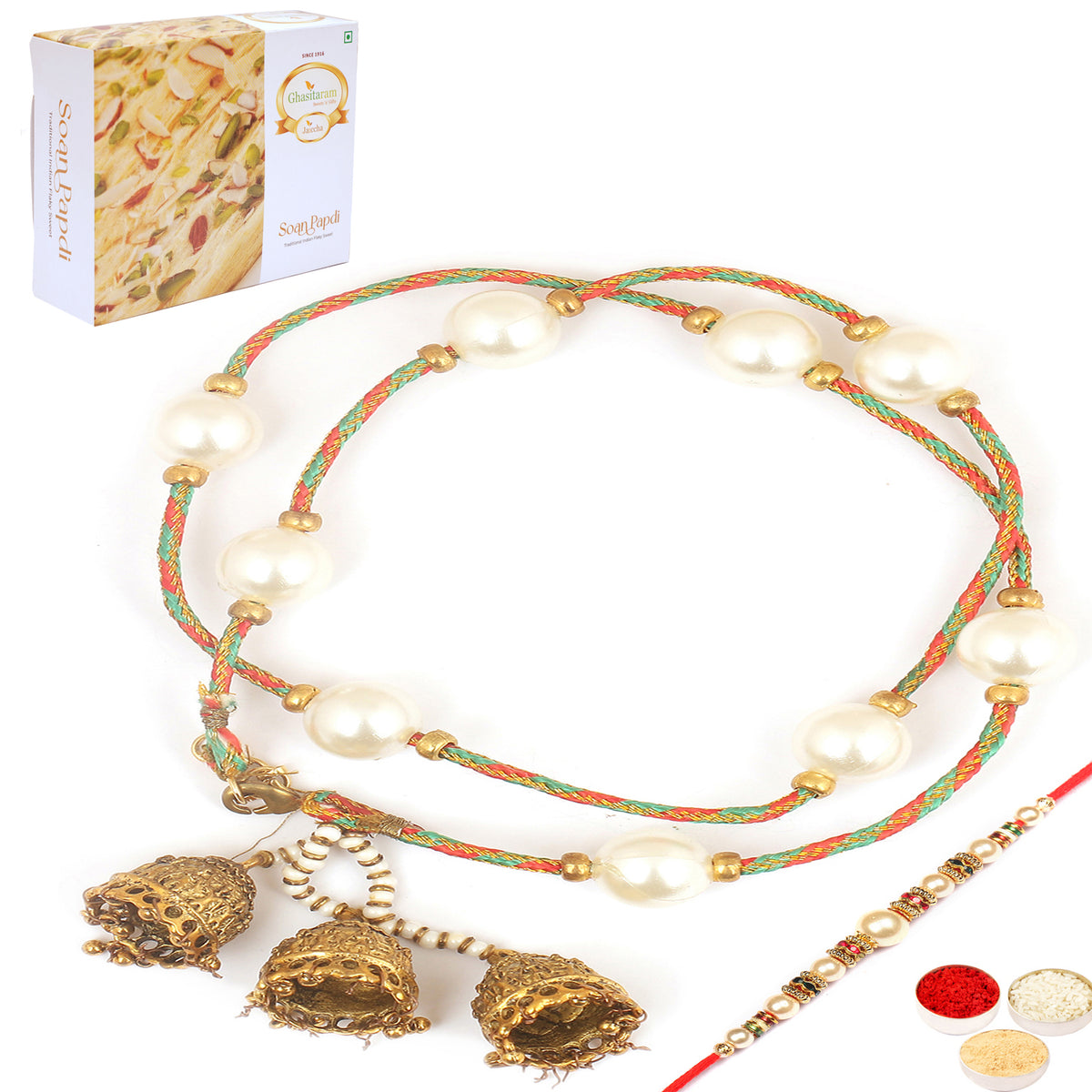 Rakhis Online USA-  Pure as Pearls rm112 Bhaiya Bhabhi rakhi with 200 gms Soan Papdi