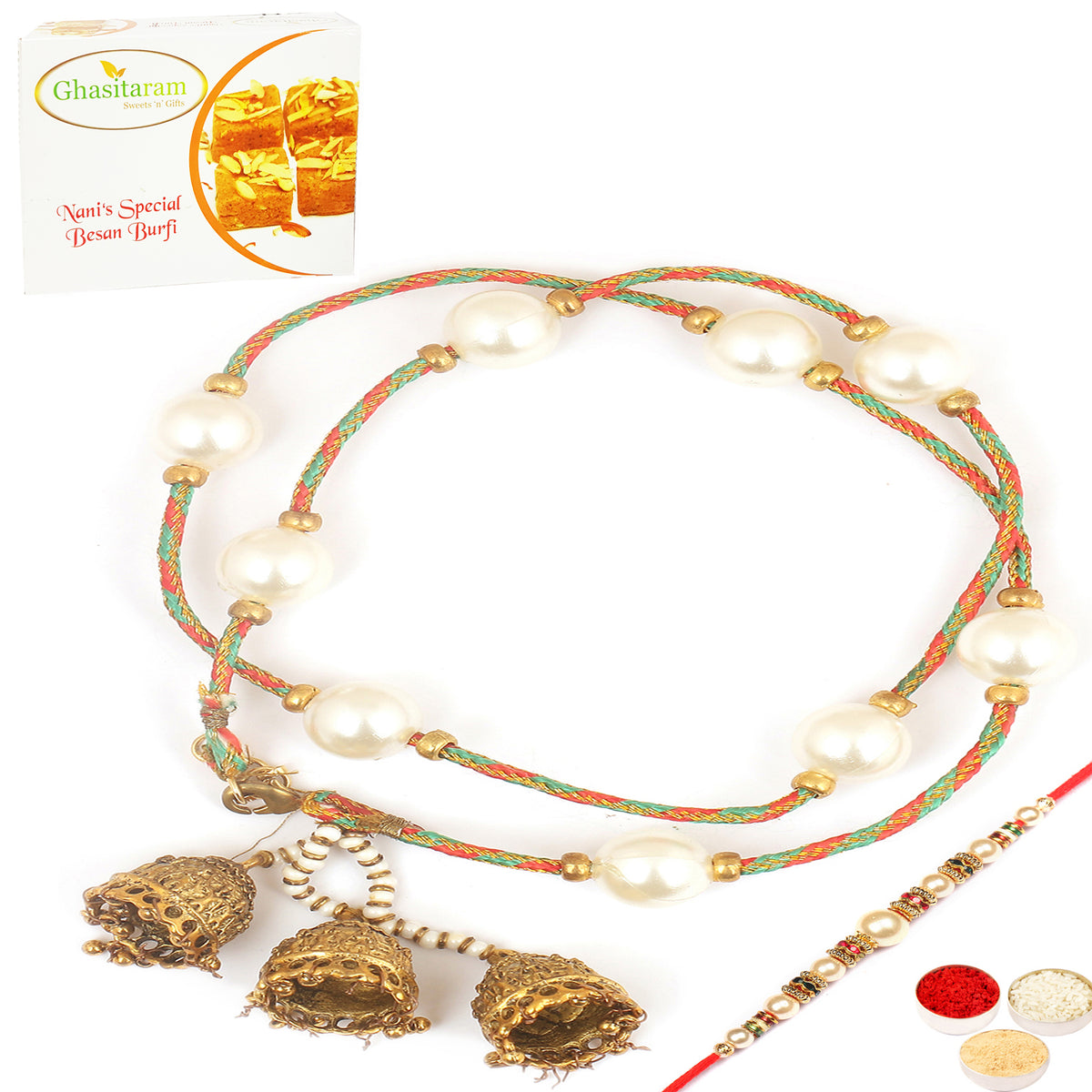 Rakhis Online Australia-  Pure as Pearls rm112 Bhaiya Bhabhi rakhi with 200 gms Besan Barfi