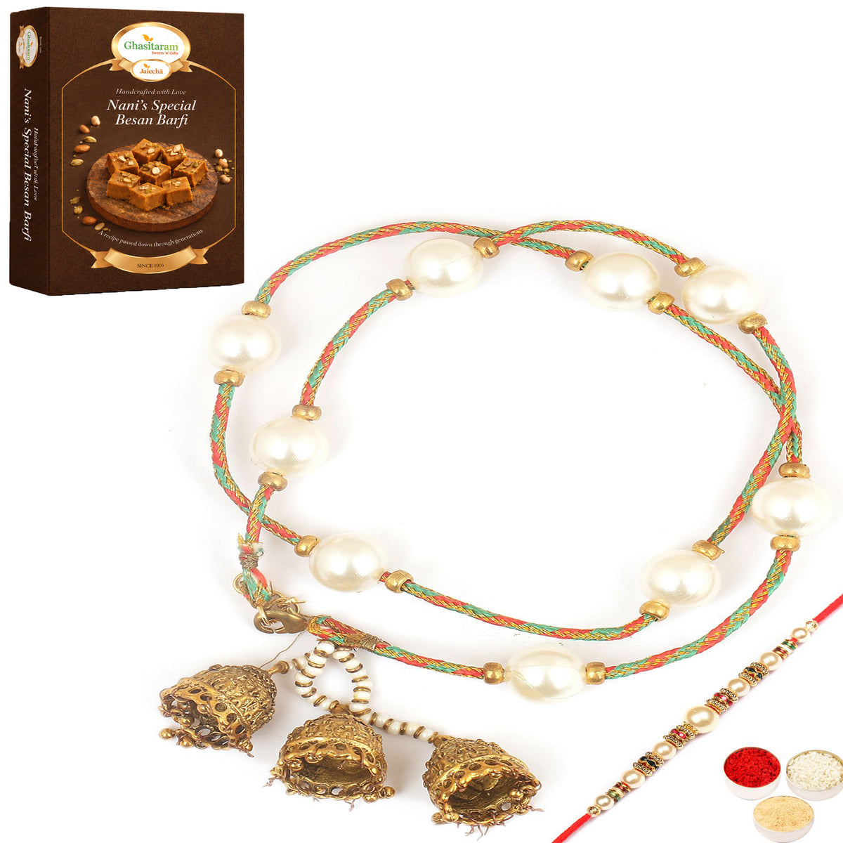  Pure as Pearls rm112 Bhaiya Bhabhi rakhi with 400 gms of Besan Barfi