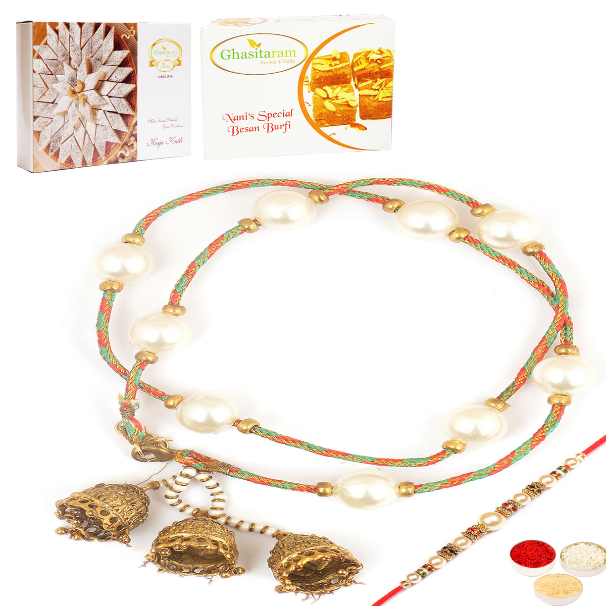 Pure as Pearls rm112 Bhaiya Bhabhi rakhi with 200 gms of Besan Barfi and 200 gms of Kaju Katli