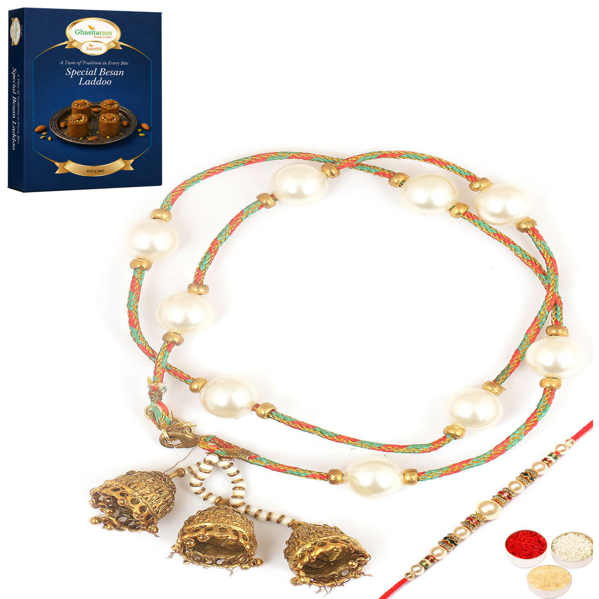  Pure as Pearls rm112 Bhaiya Bhabhi rakhi with 200 gms of Besan Laddoo