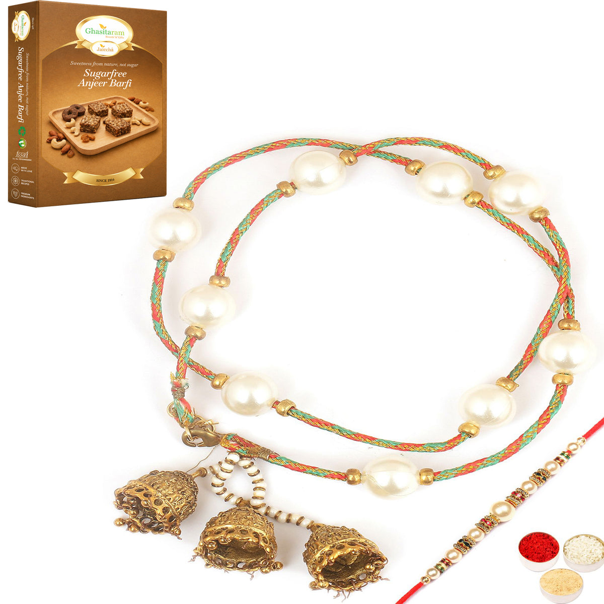  Pure as Pearls rm112 Bhaiya Bhabhi rakhi with 200 gms of Sugarfree Anjeer Barfi