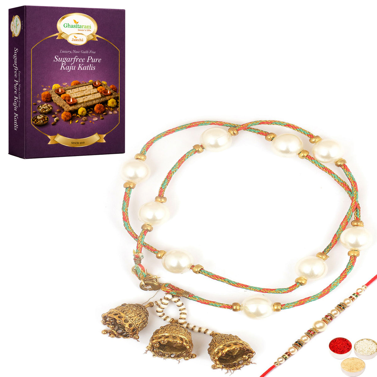  Pure as Pearls rm112 Bhaiya Bhabhi rakhi with 200 gms of Sugarfree Kaju katli