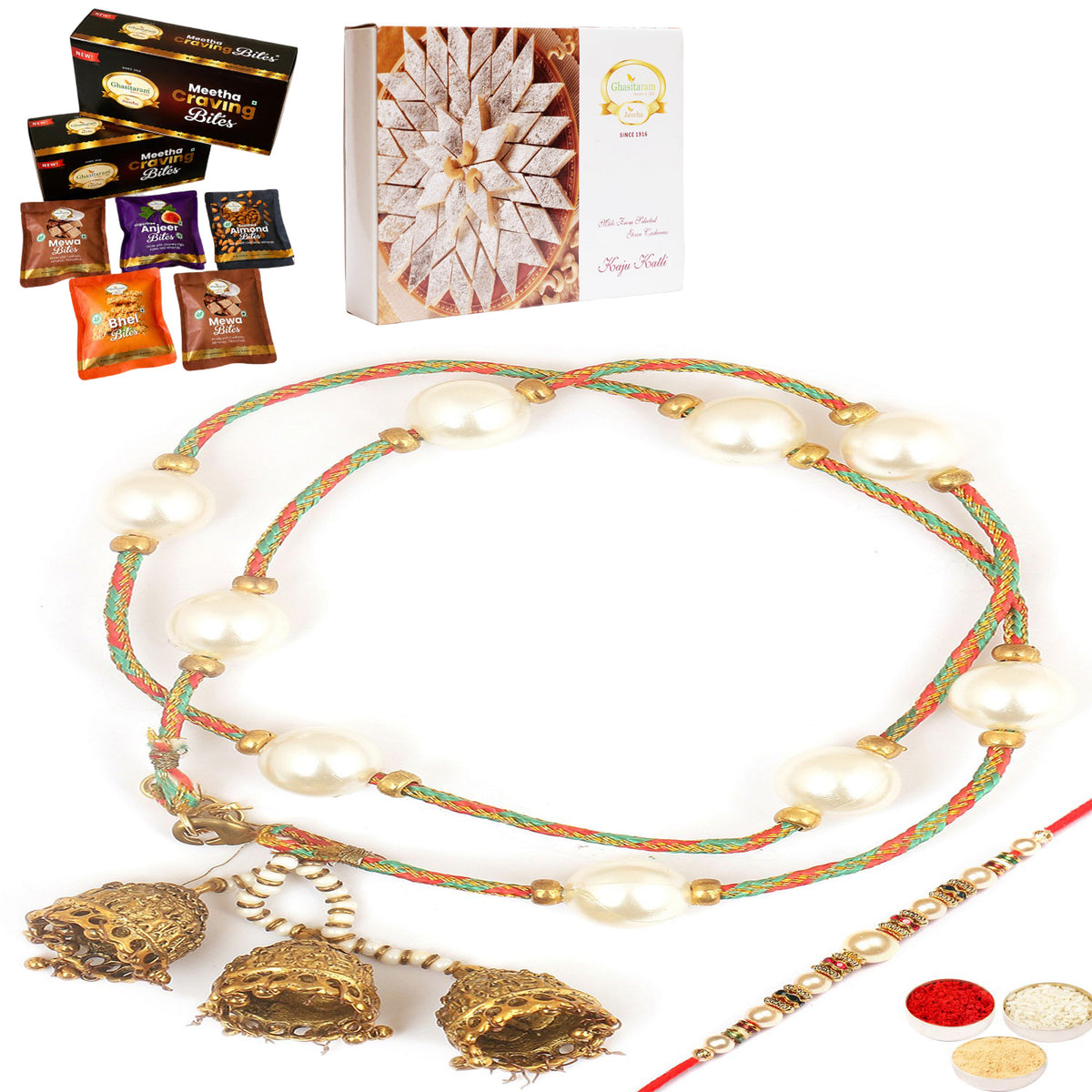  Pure as Pearls rm112 Bhaiya Bhabhi rakhi with Asorted bites box and 200 gms of Kaju katli