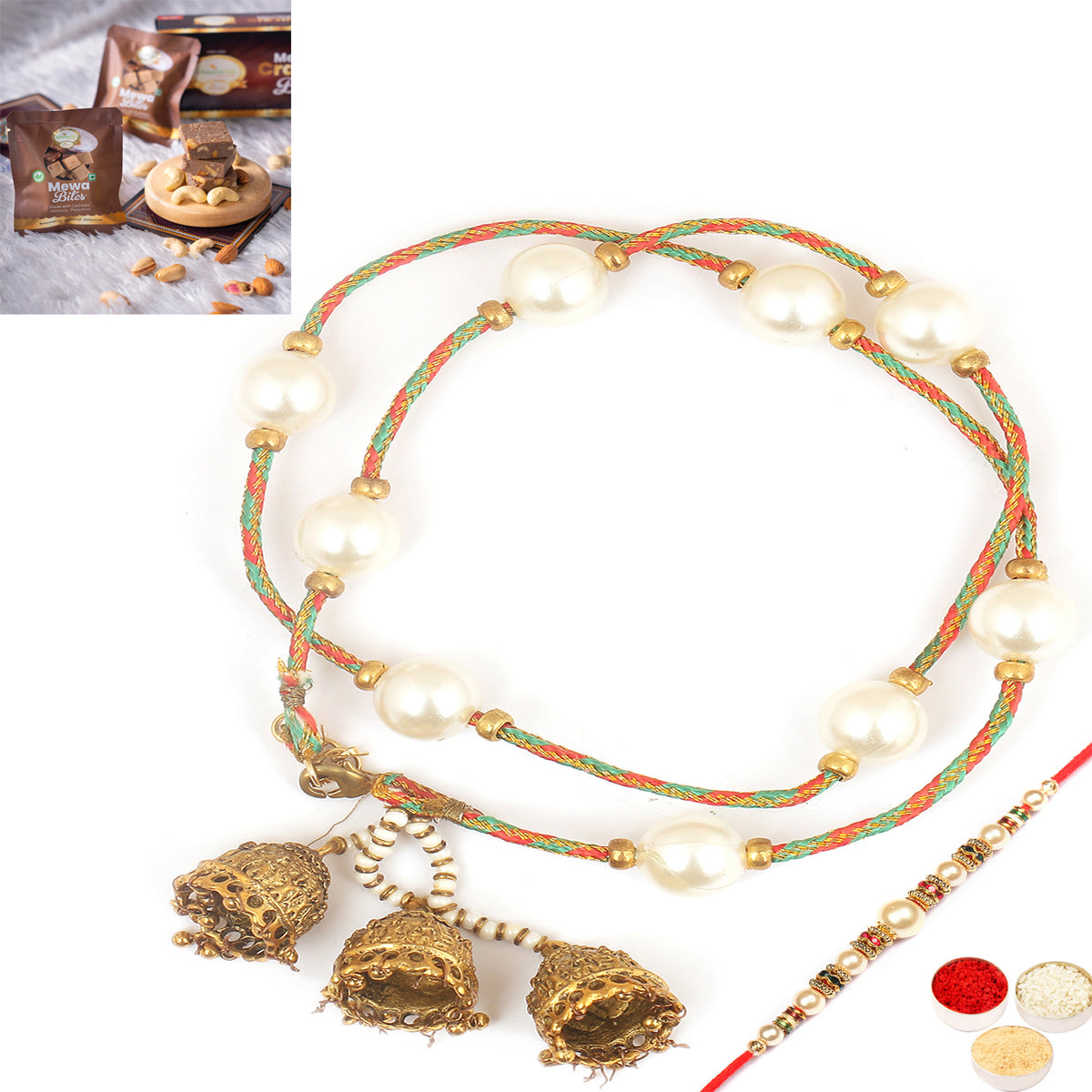 Rakhis Online UK- Pure as Pearls rm112 Bhaiya Bhabhi rakhi with  Mewa Bites box