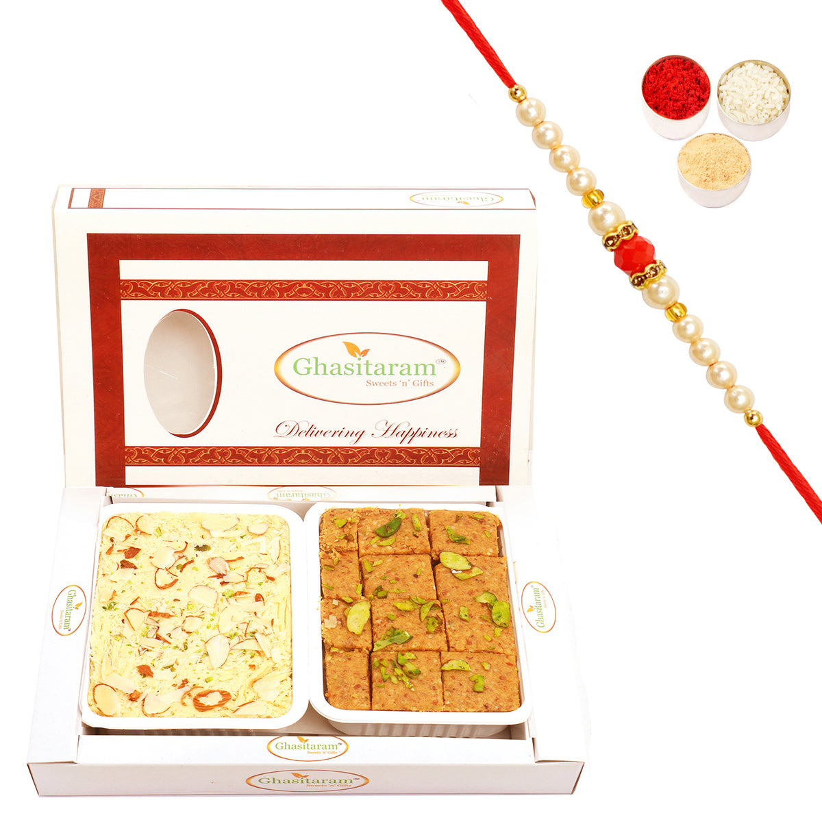 Besan Barfi and Soan Papdi Hamper with Beads Rakhi