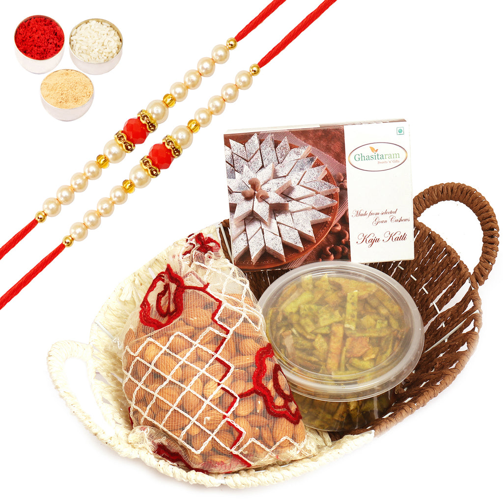 Big Metal Brown Basket Of Kaju Katli, Almonds Pouch and Palak Chips with 2 Pearl beads rakhi