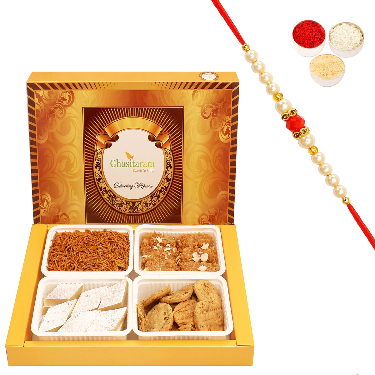 Big Box of Kaju Katli, Milk Cake, Methi Mathi and Soya Sev with Beads Rakhi