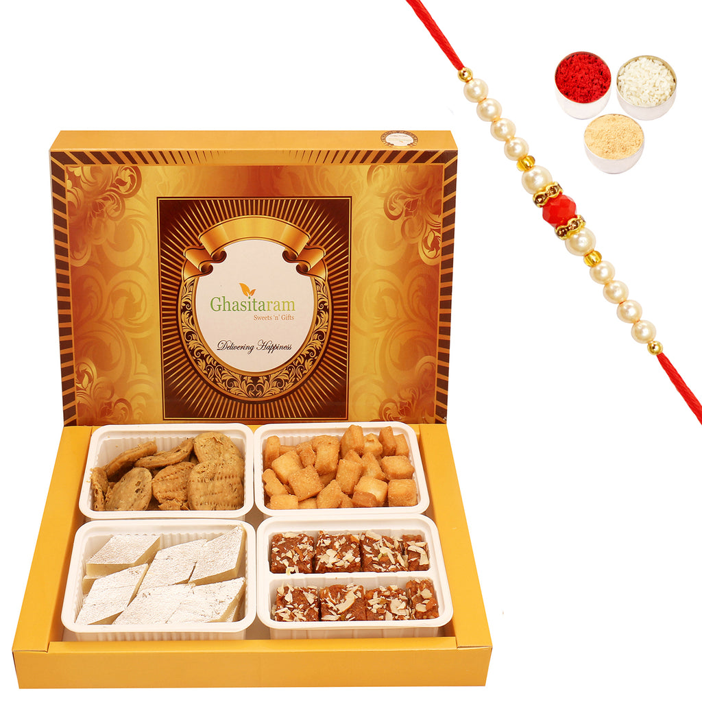 Big Box of kaju katli, dodha barfi, methi mathi and shakar pada with Beads Rakhi