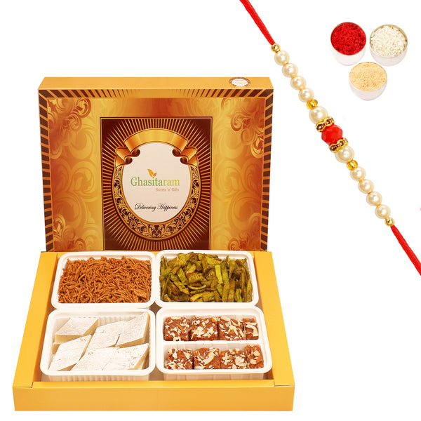 Big Box of Kaju Katli, Dodha Barfi, Potato Palak Chips and Soya Sev with Beads Rakhi