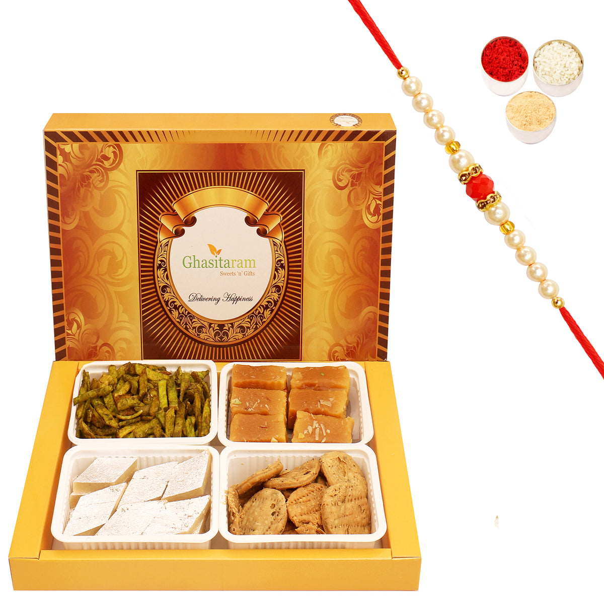 Big Box of Kaju Katli, Soft Mysore Pak, Methi Mathi and Potato Palak Chips with Beads Rakhi